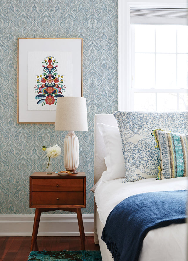Fernback Blue Ornate Botanical Wallpaper with Arts & Crafts Floral Columns - A-Street Prints 4074-26611