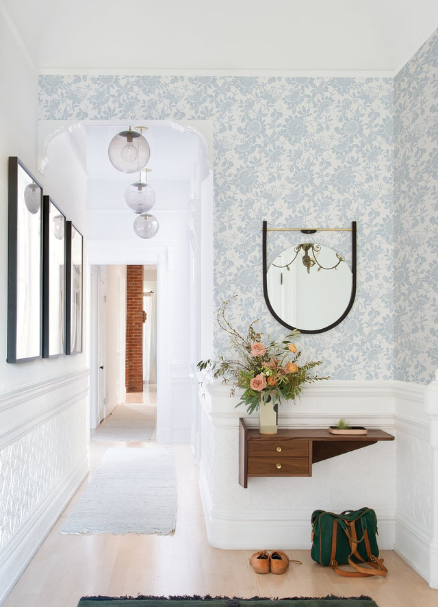 Helen Light Blue Floral Trail Wallpaper with Metallic Textured Botanical Pattern - A-Street Prints 4074-26631