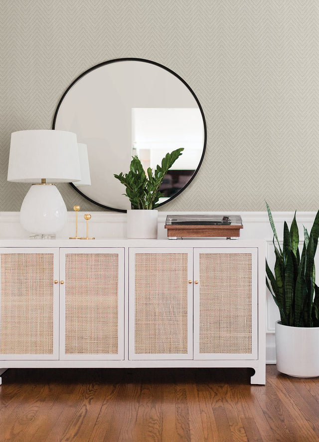 Glynn Silver Chevron Faux Grasscloth Wallpaper with Metallic Raised Ink - A-Street Prints 4074-26651