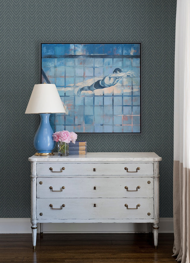 Glynn Teal Chevron Wallpaper with Textured Faux Grasscloth Pattern - A-Street Prints 4074-26654