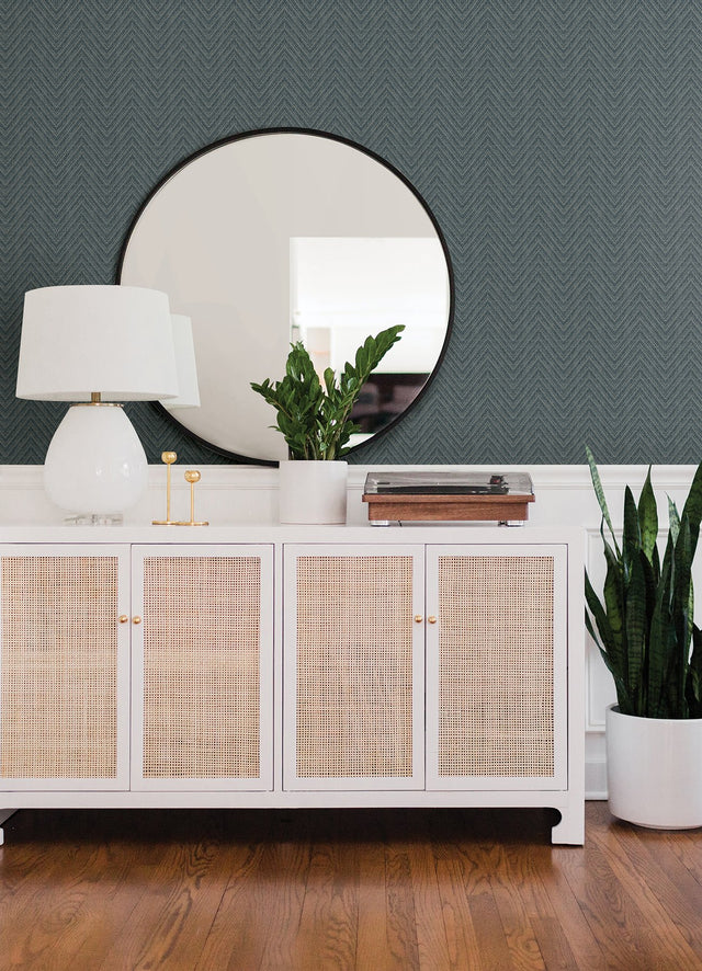 Glynn Teal Chevron Wallpaper with Textured Faux Grasscloth Pattern - A-Street Prints 4074-26654