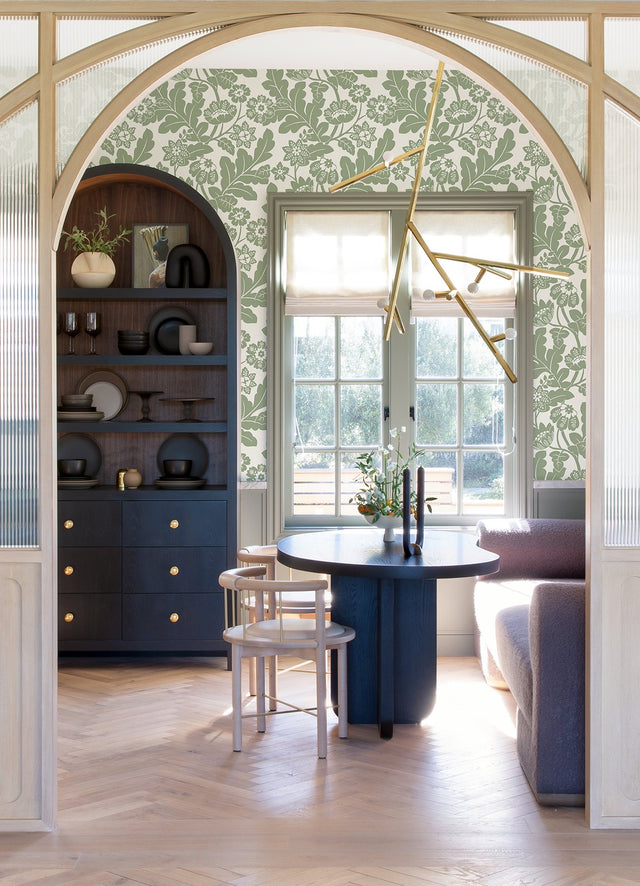 Augusta Seafoam Flock Damask Wallpaper with Glam Botanical Floral Motif - A-Street Prints 4074-87375