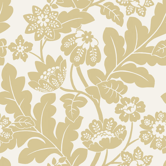 Augusta Butter Flock Damask Wallpaper with Glam Botanical Floral Motif - 4074-87377