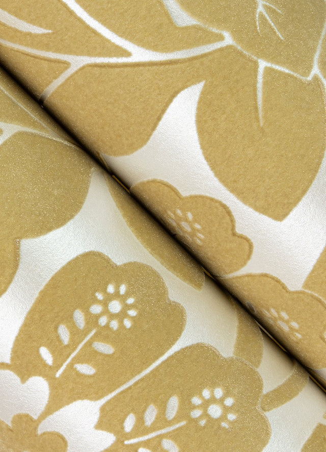 Augusta Butter Flock Damask Wallpaper with Glam Botanical Floral Motif - 4074-87377