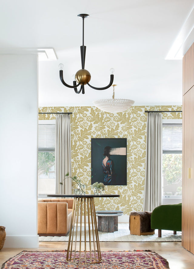 Augusta Butter Flock Damask Wallpaper with Glam Botanical Floral Motif - 4074-87377