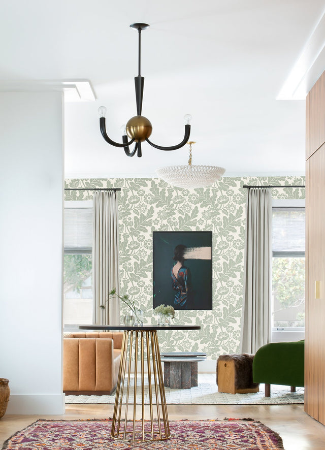 Augusta Silver Flock Damask Wallpaper with Glam Botanical Floral Motif - A-Street Prints 4074-87378