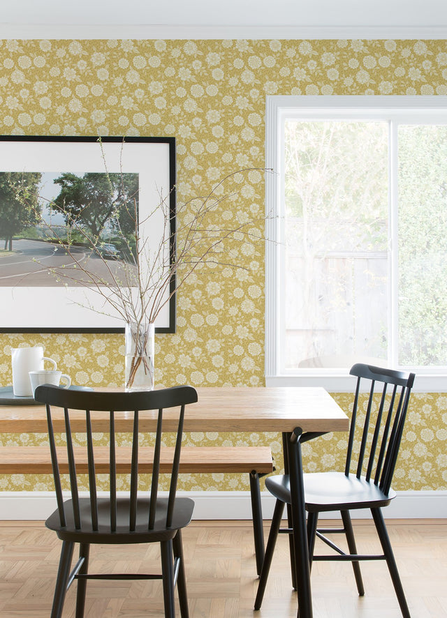 Lizette Mustard Charming Floral Wallpaper with Botanical Flower Pattern, Country Style - A-Street Prints 4080-15910