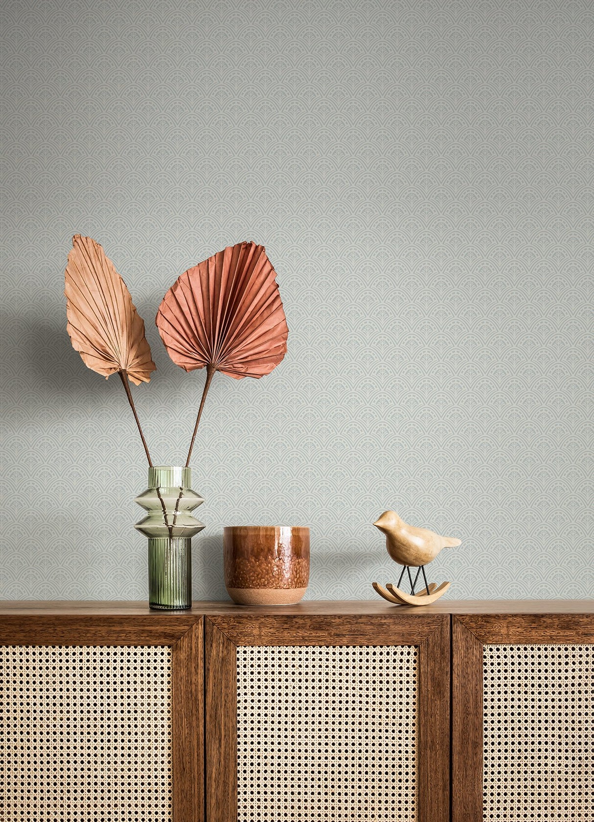 Athena Light Blue Scalloped Botanical Wallpaper with Geometric Botanical Motif - Brewster 4080-15918