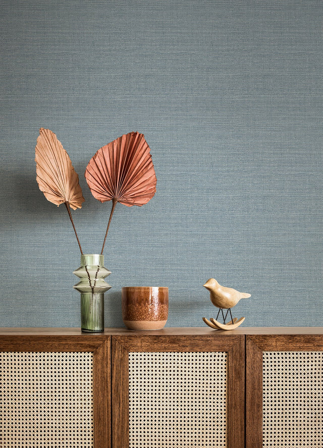 Agave Denim Faux Grasscloth Blue Wallpaper with Modern Graphics Style - Brewster 4080-26497