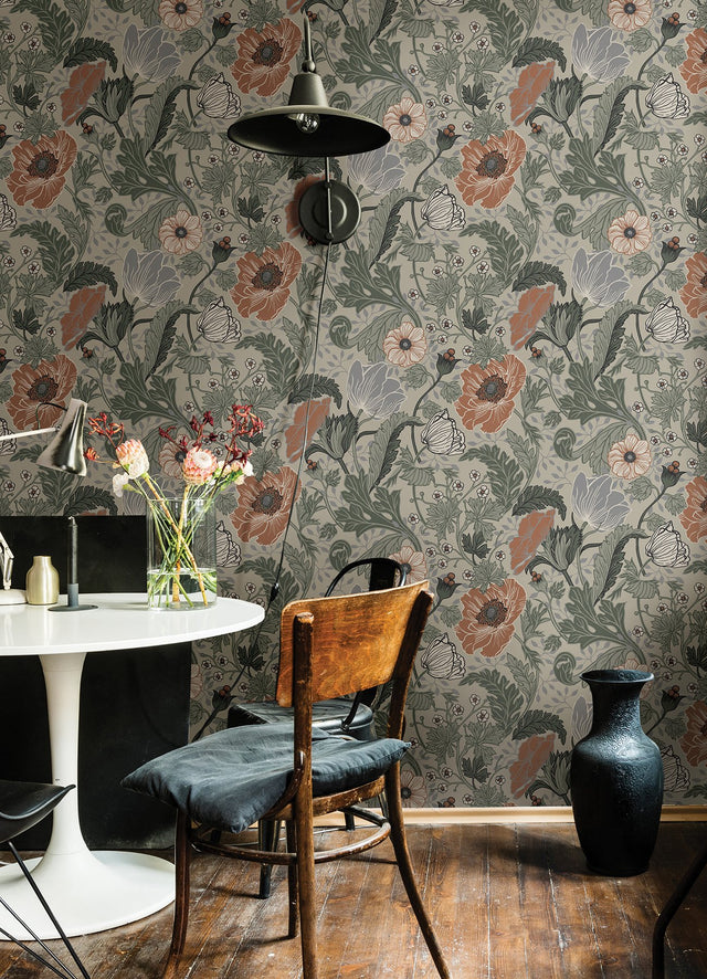 Anemone Grey Floral Wallpaper with Botanical Flowers Motif - A-Street Prints 4080-33001