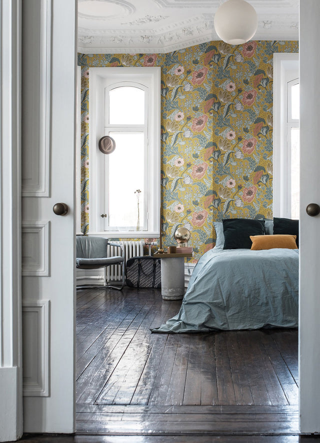 Anemone Mustard Floral Wallpaper with Botanical Flowers Motif, Bohemian Style - A-Street Prints 4080-33002