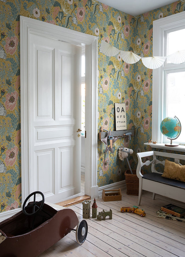 Anemone Mustard Floral Wallpaper with Botanical Flowers Motif, Bohemian Style - A-Street Prints 4080-33002