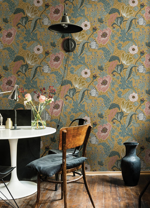 Anemone Mustard Floral Wallpaper with Botanical Flowers Motif, Bohemian Style - A-Street Prints 4080-33002