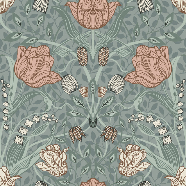 Fillippa Sage Tulip Wallpaper with Botanical Floral Pattern - Brewster 4080-33010