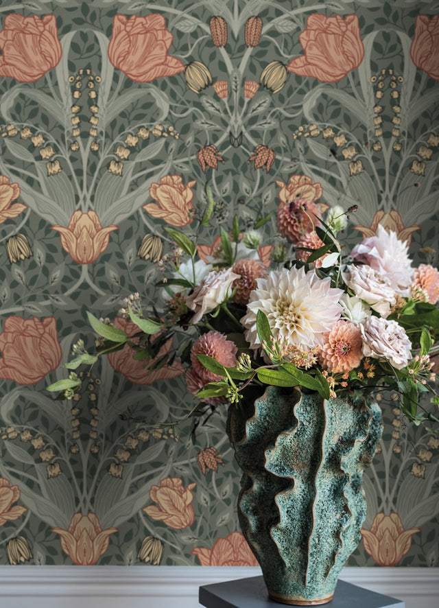 Fillippa Sage Tulip Wallpaper with Botanical Floral Pattern - Brewster 4080-33010