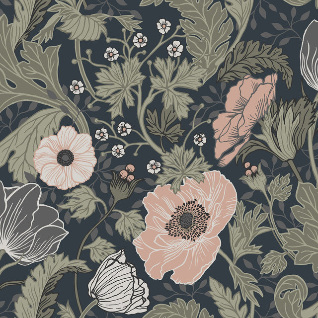 Anemone Navy Floral Wallpaper with Bohemian Botanical Flowers - A-Street Prints 4080-44103