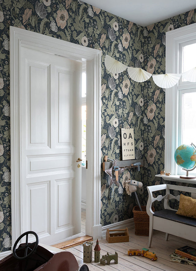 Anemone Navy Floral Wallpaper with Bohemian Botanical Flowers - A-Street Prints 4080-44103
