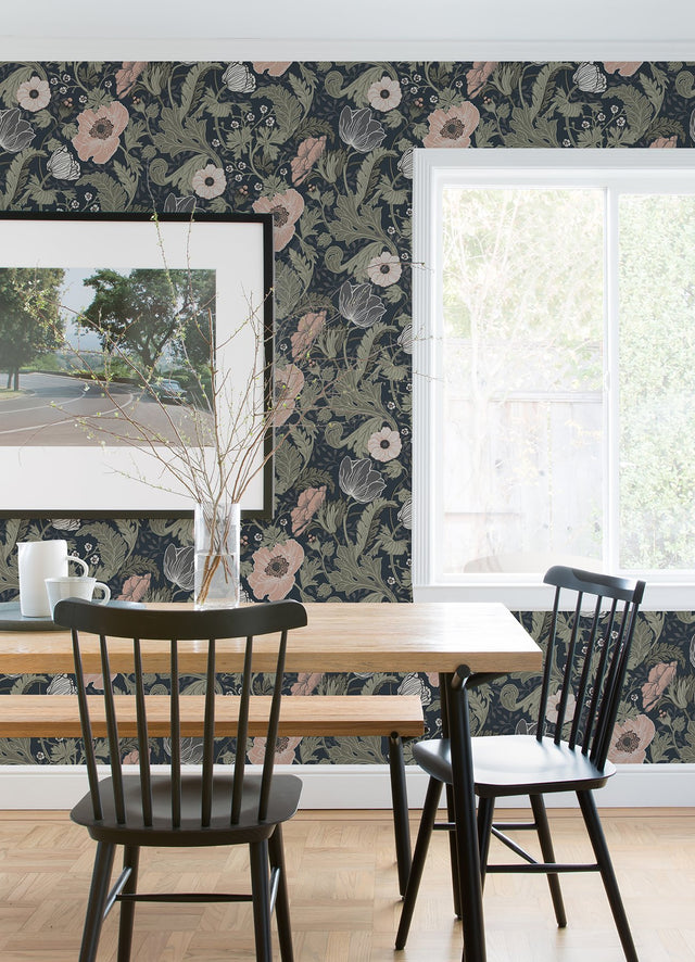 Anemone Navy Floral Wallpaper with Bohemian Botanical Flowers - A-Street Prints 4080-44103