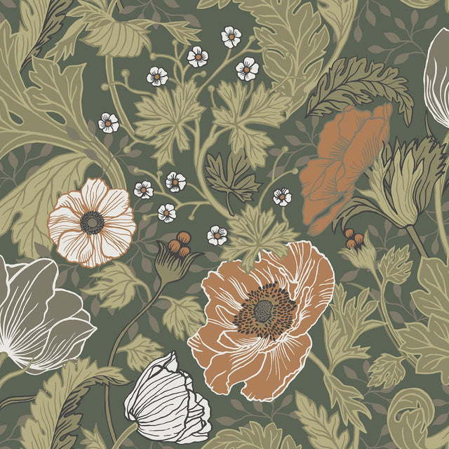Anemone Green Floral Wallpaper with Arts & Crafts Flower Motif - A?Street Prints 4080-44104