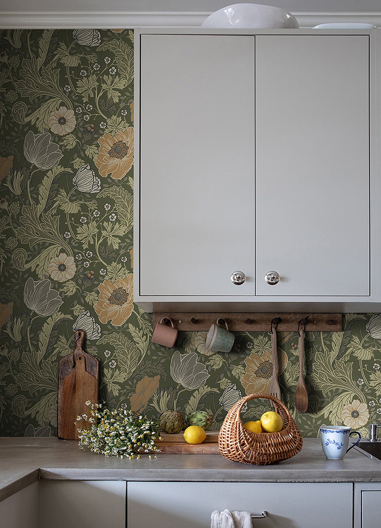 Anemone Green Floral Wallpaper with Arts & Crafts Flower Motif - A?Street Prints 4080-44104