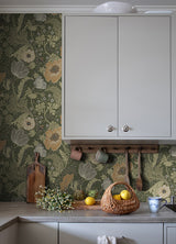 Anemone Green Floral Wallpaper with Arts & Crafts Flower Motif - A?Street Prints 4080-44104