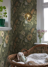 Anemone Green Floral Wallpaper with Arts & Crafts Flower Motif - A?Street Prints 4080-44104