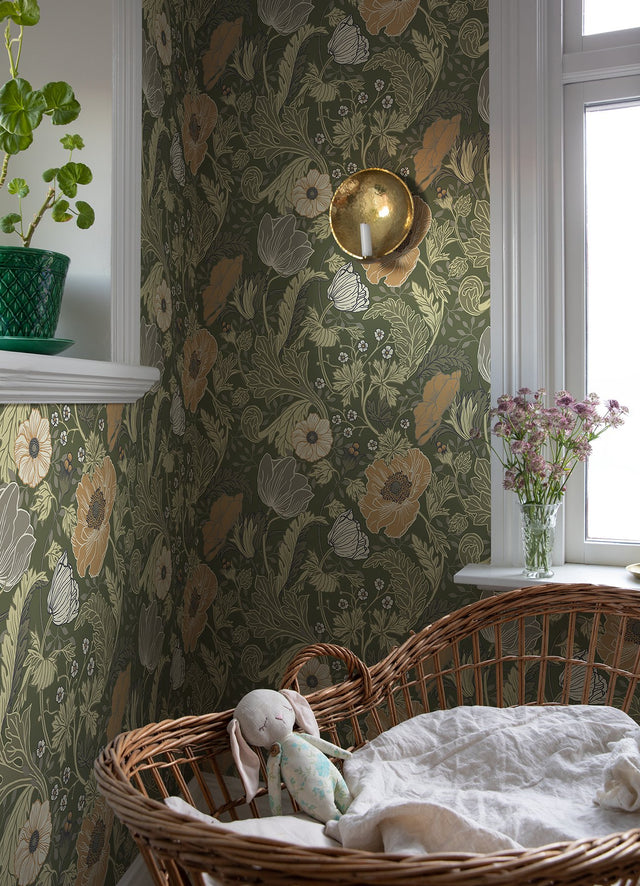 Anemone Green Floral Wallpaper with Arts & Crafts Flower Motif - A?Street Prints 4080-44104