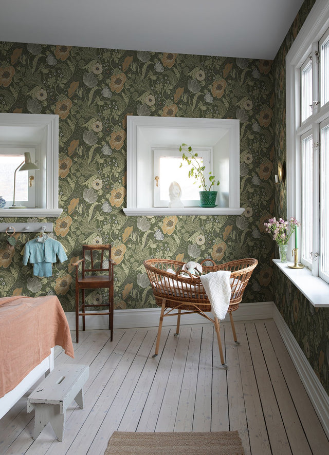 Anemone Green Floral Wallpaper with Arts & Crafts Flower Motif - A?Street Prints 4080-44104