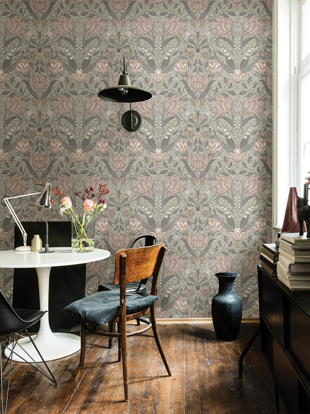 Filippa Grey Tulip Wallpaper with Scandinavian Botanical Flower Pattern - A-Street Prints 4080-44105