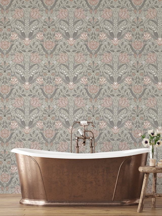 Filippa Grey Tulip Wallpaper with Scandinavian Botanical Flower Pattern - A-Street Prints 4080-44105