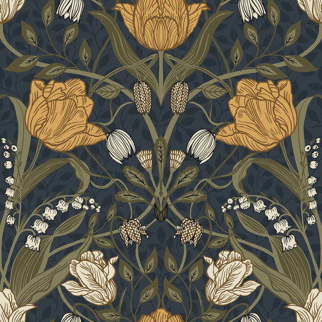 Filippa Navy Tulip Wallpaper with Botanical Floral Pattern - A-Street Prints 4080-44106