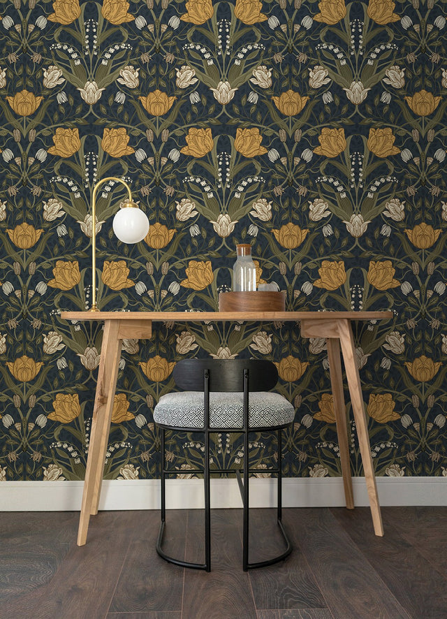 Filippa Navy Tulip Wallpaper with Botanical Floral Pattern - A-Street Prints 4080-44106