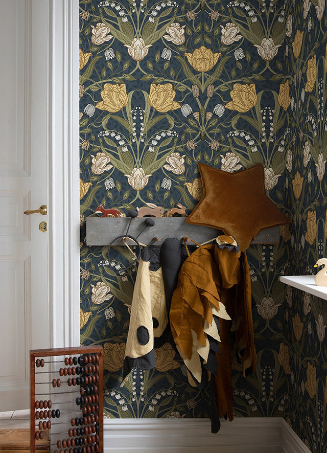 Filippa Navy Tulip Wallpaper with Botanical Floral Pattern - A-Street Prints 4080-44106