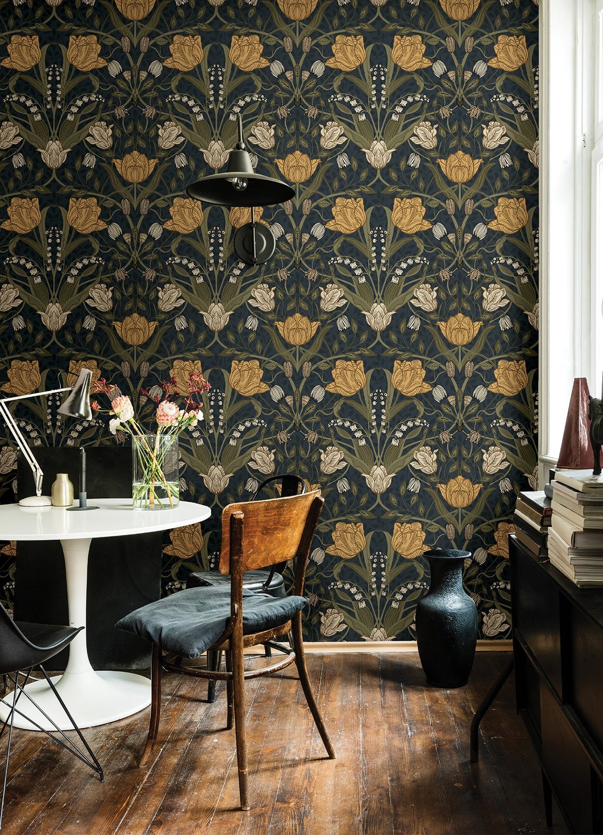 Filippa Navy Tulip Wallpaper with Botanical Floral Pattern - A-Street Prints 4080-44106