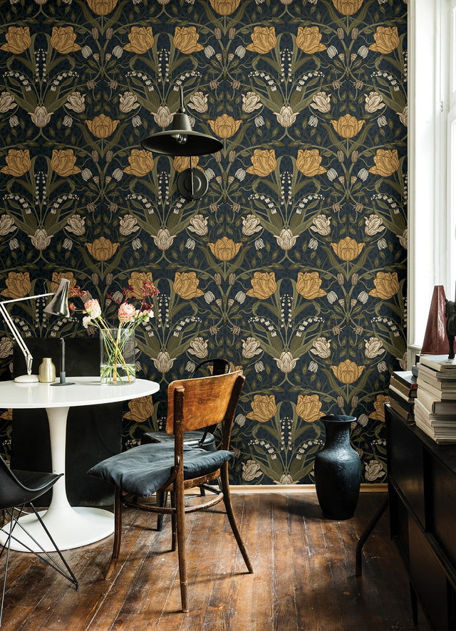 Filippa Navy Tulip Wallpaper with Botanical Floral Pattern - A-Street Prints 4080-44106