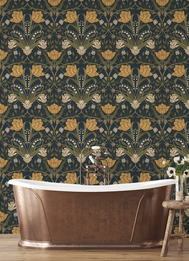 Filippa Navy Tulip Wallpaper with Botanical Floral Pattern - A-Street Prints 4080-44106