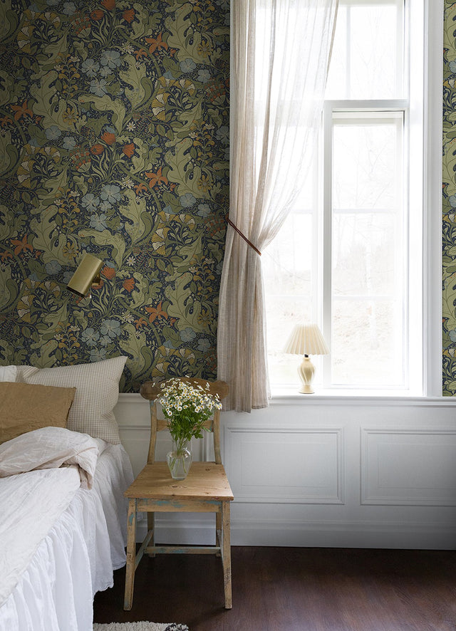 Elise Indigo Nouveau Gardens Wallpaper with Botanical Art Nouveau Pattern - A-Street Prints 4080-83102