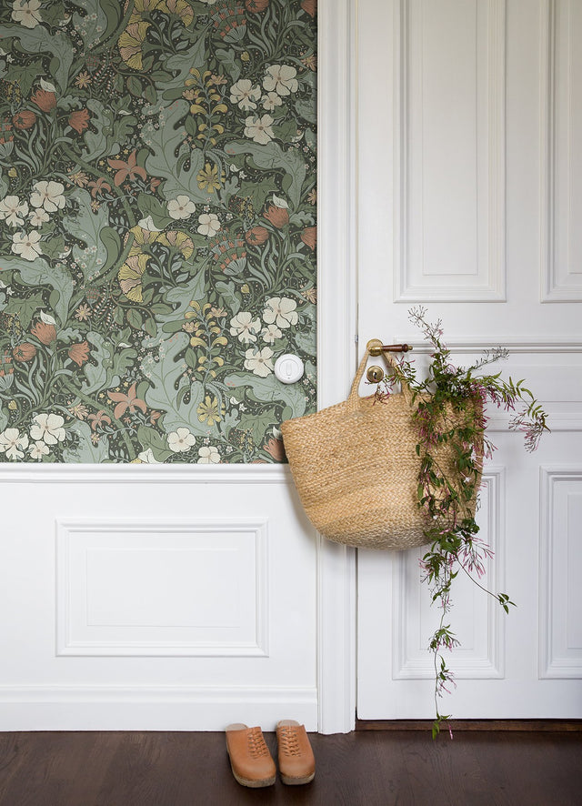 Elise Green Nouveau Gardens Wallpaper with Botanical Farmhouse Pattern - A-Street Prints 4080-83103