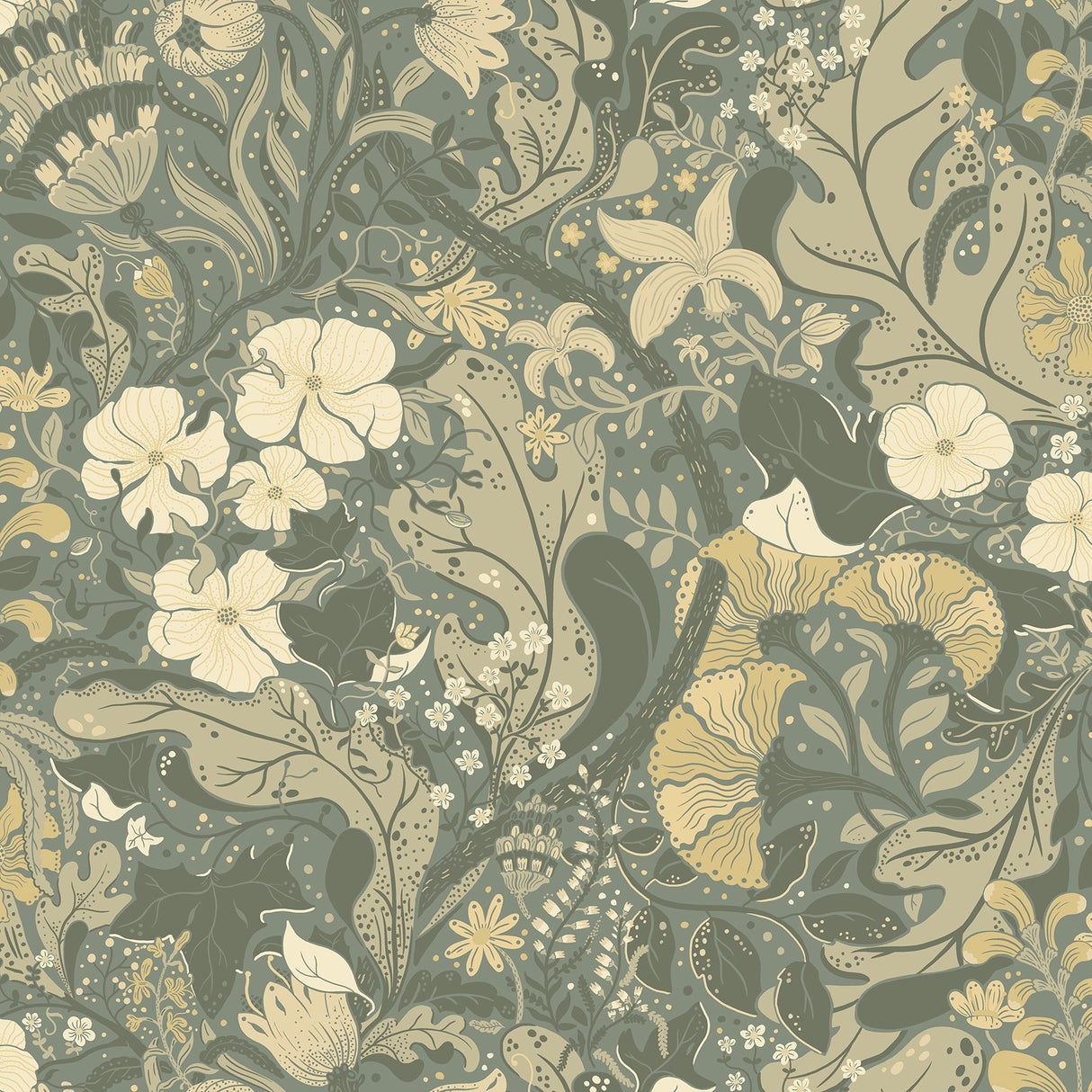 Elise Sea Green Nouveau Gardens Wallpaper with Botanical Farmhouse Design - Brewster 4080-83104