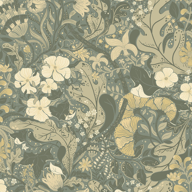 Elise Sea Green Nouveau Gardens Wallpaper with Botanical Farmhouse Design - Brewster 4080-83104