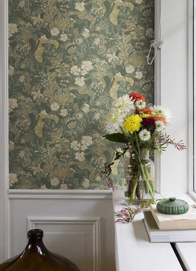 Elise Sea Green Nouveau Gardens Wallpaper with Botanical Farmhouse Design - Brewster 4080-83104