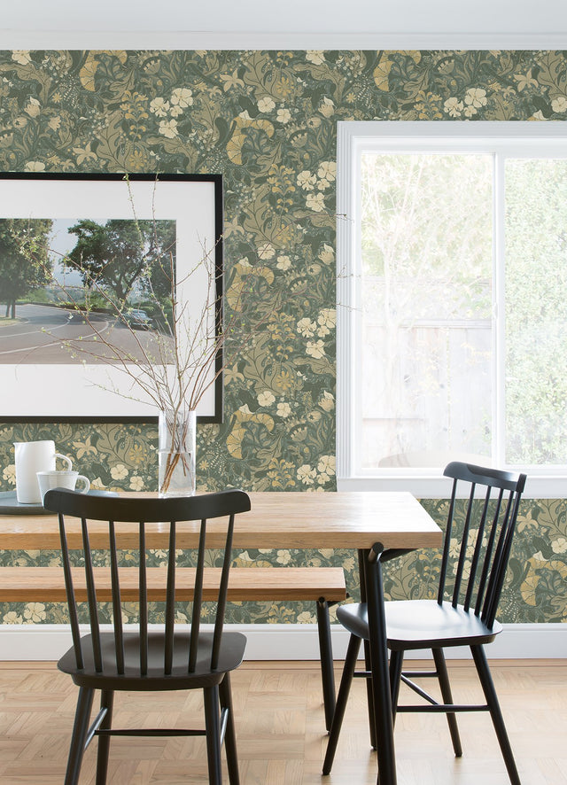 Elise Sea Green Nouveau Gardens Wallpaper with Botanical Farmhouse Design - Brewster 4080-83104