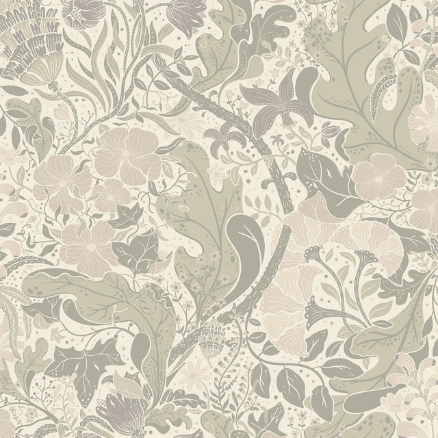 Elise Light Grey Nouveau Gardens Wallpaper with Botanical Farmhouse Pattern - Brewster 4080-83105