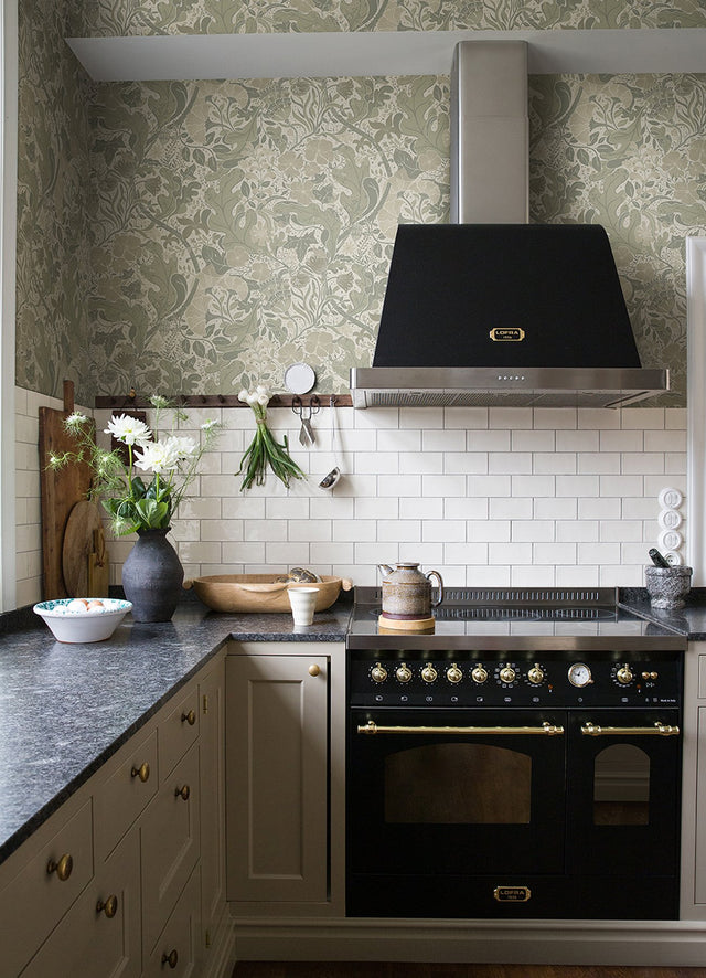Elise Light Grey Nouveau Gardens Wallpaper with Botanical Farmhouse Pattern - Brewster 4080-83105