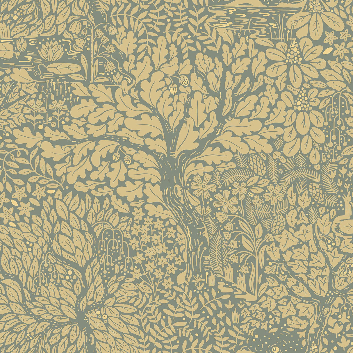 Olle Light Yellow Forest Sanctuary Wallpaper with Metallic Botanical Motif - A-Street Prints 4080-83107