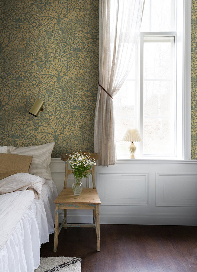 Olle Light Yellow Forest Sanctuary Wallpaper with Metallic Botanical Motif - A-Street Prints 4080-83107