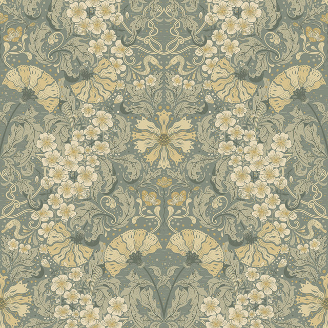 Ojvind Sea Green Floral Ogee Wallpaper with Botanical Glam Pattern - A-Street Prints 4080-83113