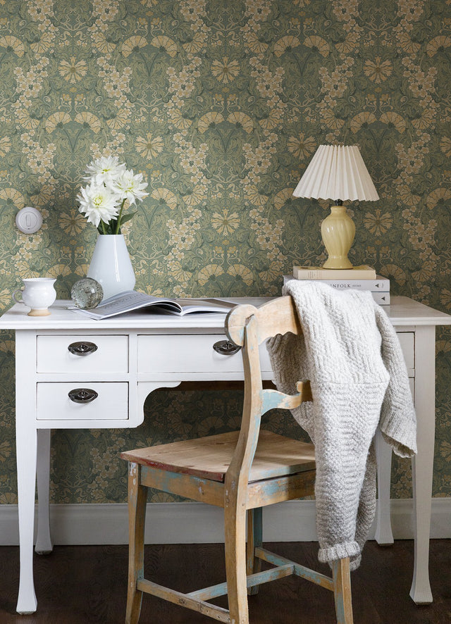 Ojvind Sea Green Floral Ogee Wallpaper with Botanical Glam Pattern - A-Street Prints 4080-83113