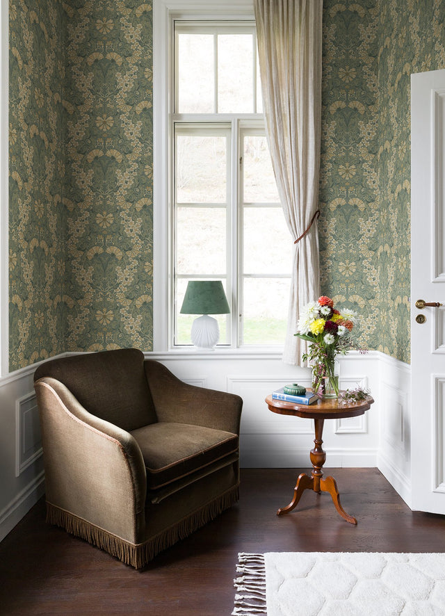 Ojvind Sea Green Floral Ogee Wallpaper with Botanical Glam Pattern - A-Street Prints 4080-83113