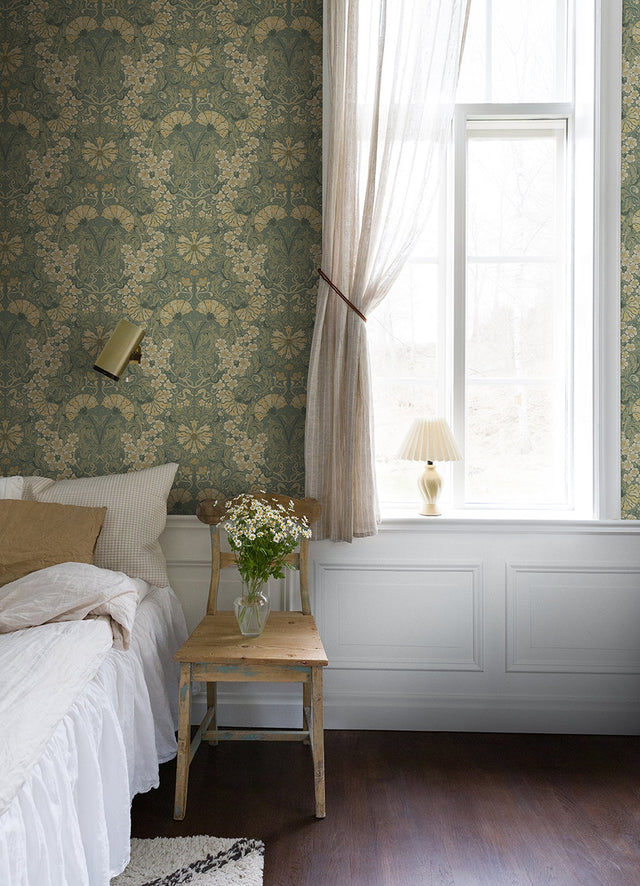 Ojvind Sea Green Floral Ogee Wallpaper with Botanical Glam Pattern - A-Street Prints 4080-83113